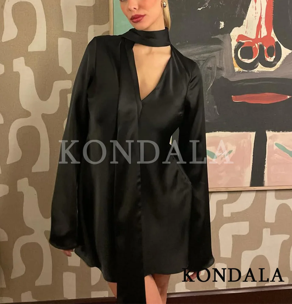 KONDALA Party Czarna Satynowa Mini Sukienka Damska Seksowna Sukienka z Dekoltem w Serek i Długim Rękawem Krótka Sukienka na Wiosnę 2026 Modna Sukienka Koktajlowa na Imprezę do Klubu Nocnego
