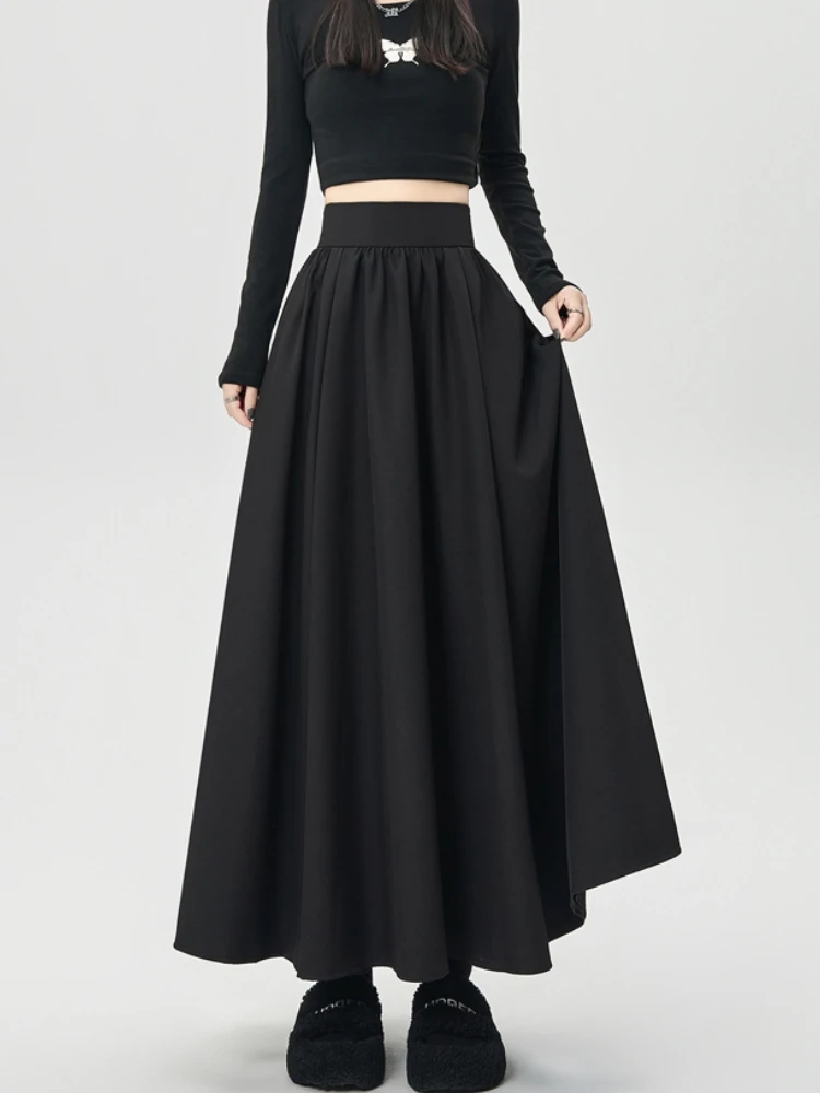 Grey Black Midi Long Skirts Womens Maxi Skirt 2024 Autumn Winter Suit Skirt Office Lady Vintage High Waist Ruffle Pleated Skirts