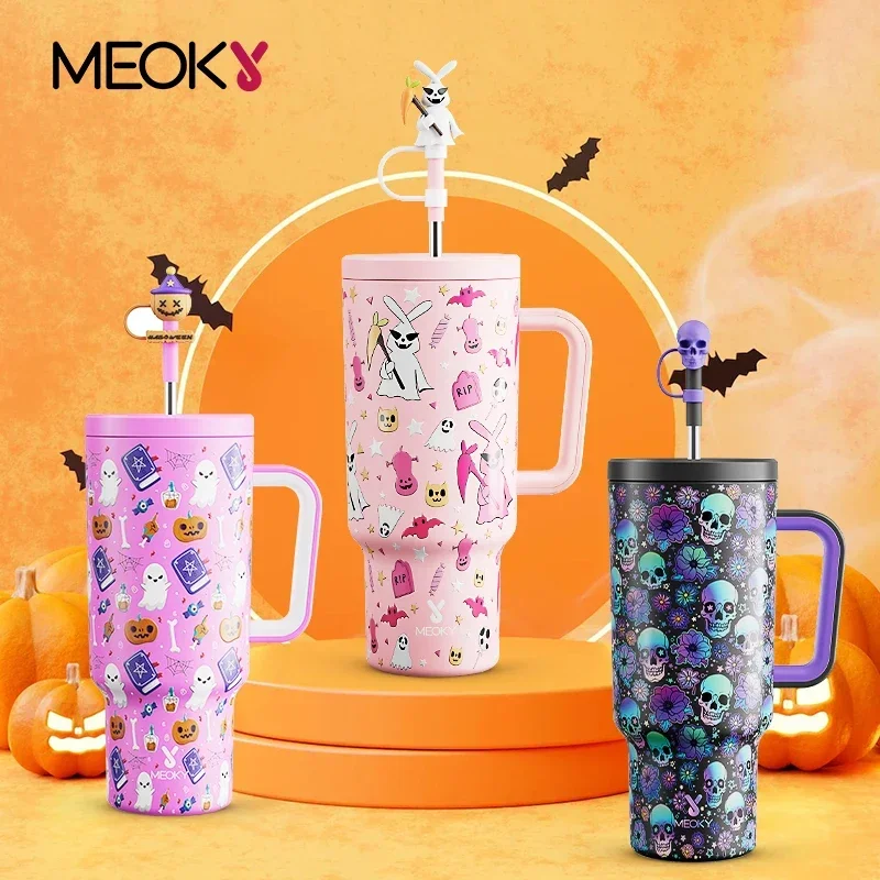 Meoky 40oz Cup Tumbler Straw Cup with Lid Halloween Stainless Steel Insulation Coffee Cup Vacuum Water Bottle Car Mug Nice Gift