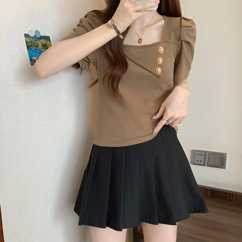 Summer Casual Fashion Chic Buttons Oversized Ladies Puff Short Sleeve Loose All-match Solid Color Top Women Vintage Pullover Tee