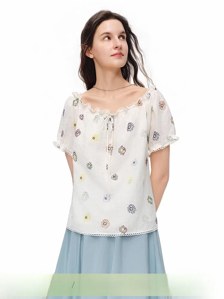 

Bohemian Style Linen Embroidered Shirt Women's Loose Fit Summer Vacation Print One Shoulder Top Casual Wear Short Sleeve