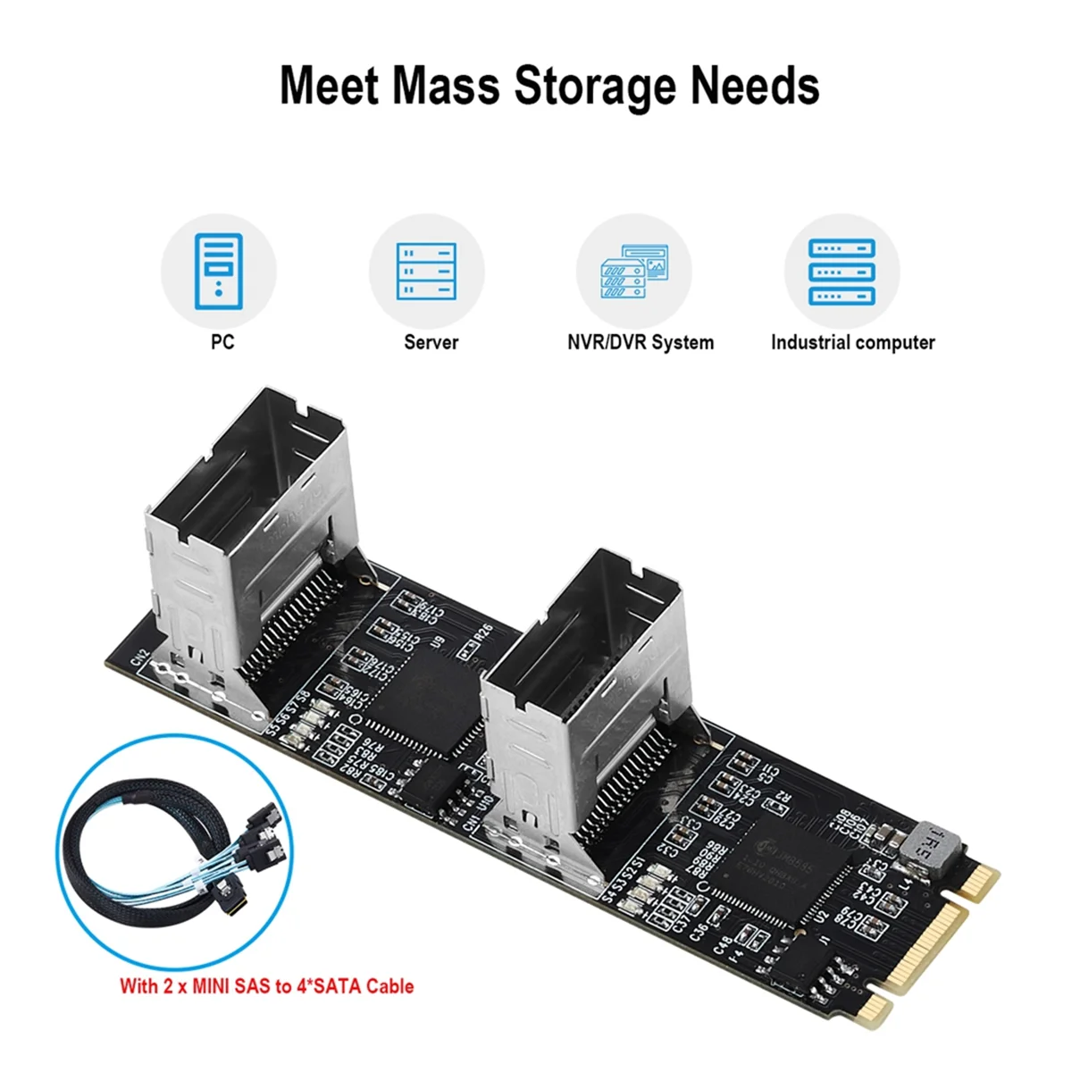 M.2 PCIe3.0 에서 8 포트 SATA 6G 멀티플라이어 컨트롤러 카드, B/M 키, NGFF 각 포트, 6Gbps 도착, 2 미니 SAS 인터페이스