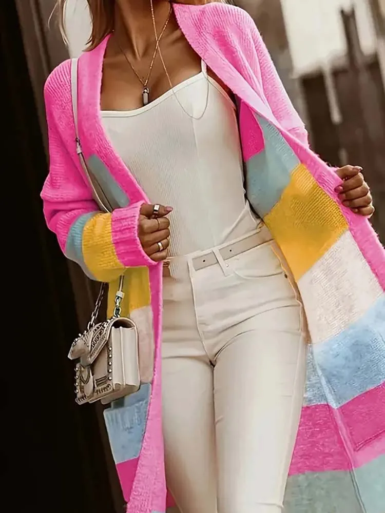 

Autumn Winter Thick Long Sleeved Women's Sweater Casual Streetwear Warm Sweater Jackets Colorful Striped Loose Knitted Cardigan
