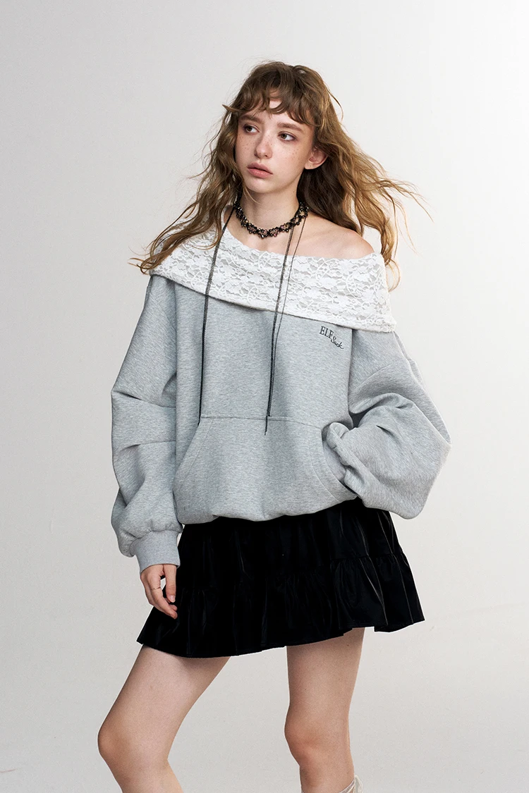ELFSACK Women's Casual Off Shoulder Sweatshirt with Patterned Collar, Loose Long Sleeve Pullover for Everyday, Chic Gray Top