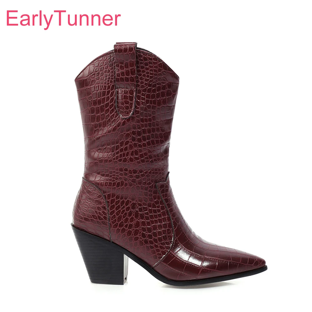 

Winter Brand New Fashion Wine Red Black Women Mid Calf Boots High Sqaure Heels Office Lady Shoes Big Size 10 43 45 48