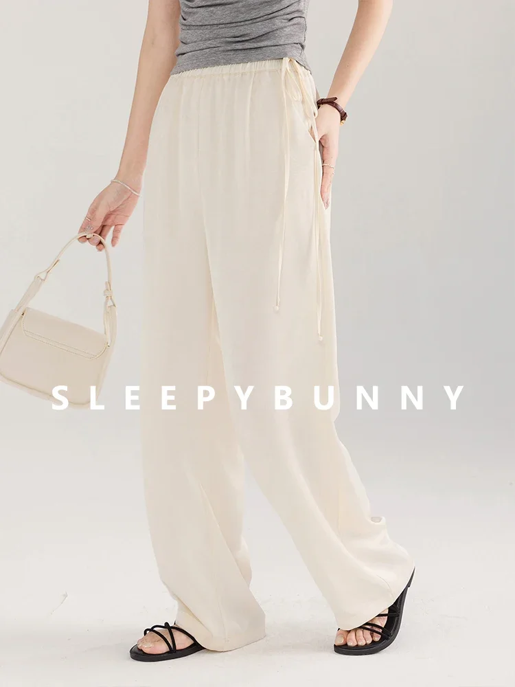 High Waist Lightweight Wide Leg Pants Women Loose Fit Trousers Petite Friendly Elastic Waist Straight Drape Floor-Length Pants