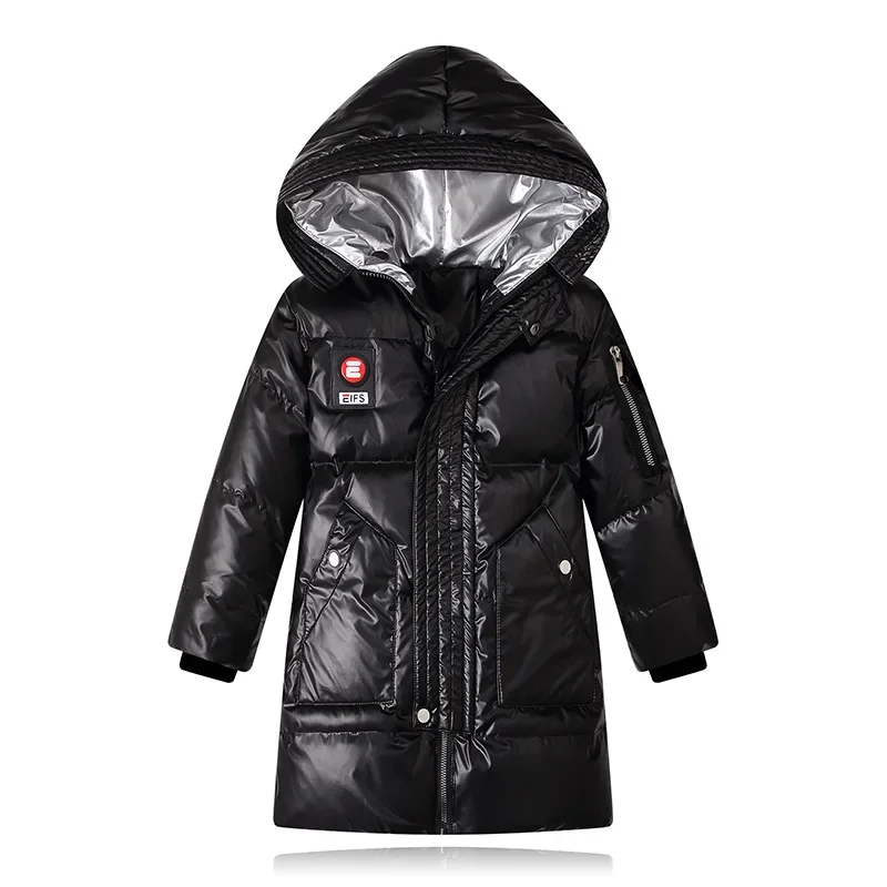 Boys Girls Kids Long Loose Thick White Duck Down Jacket Blue,Black Baby Coat, Teenagers Hooded Padded Jacket Clothes Winter