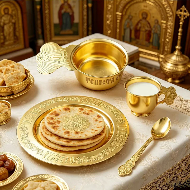 Gold Plated Orthodox Communion Chalice Set with Paten and Spoon for Christian Church Liturgy Eucharist and Religious Ceremonies