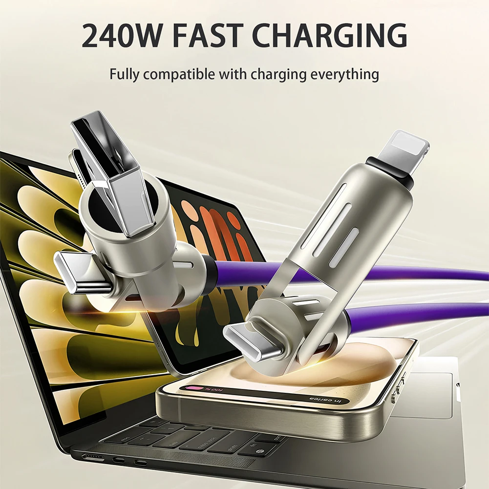 4 in 1 240W USB-C Cable Zinc Alloy Luminous Fast Charging Data Sync Anti-Tangle With RGB Light For iPhone Xiaomi Samsung