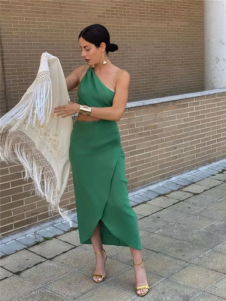 TRAF 2023 Cut Out Long Dress Women Asymmetric Off Shoulder Green Dress Woman Ruched Summer Midi Dresses Elegant Party Dresses