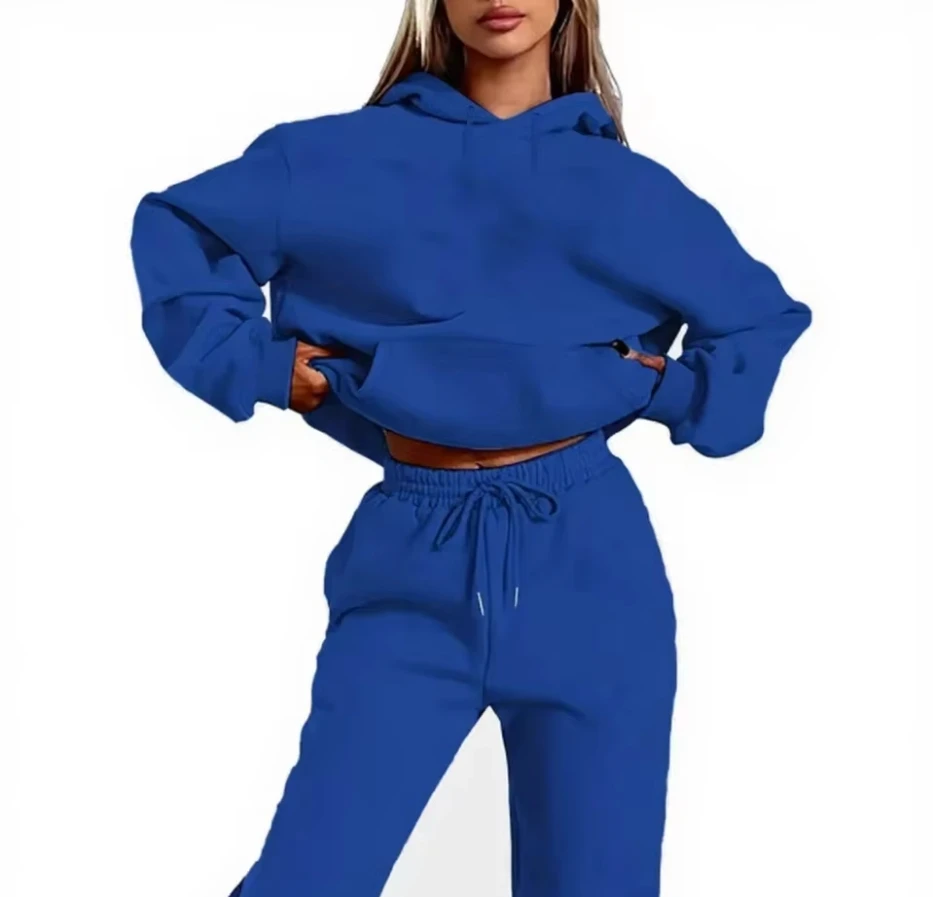 2024 Autumn/Winter New Women Fashion Trendy Hoodie+Sports Pants Two Piece Solid Color Loose Fitness Training Jogging Set