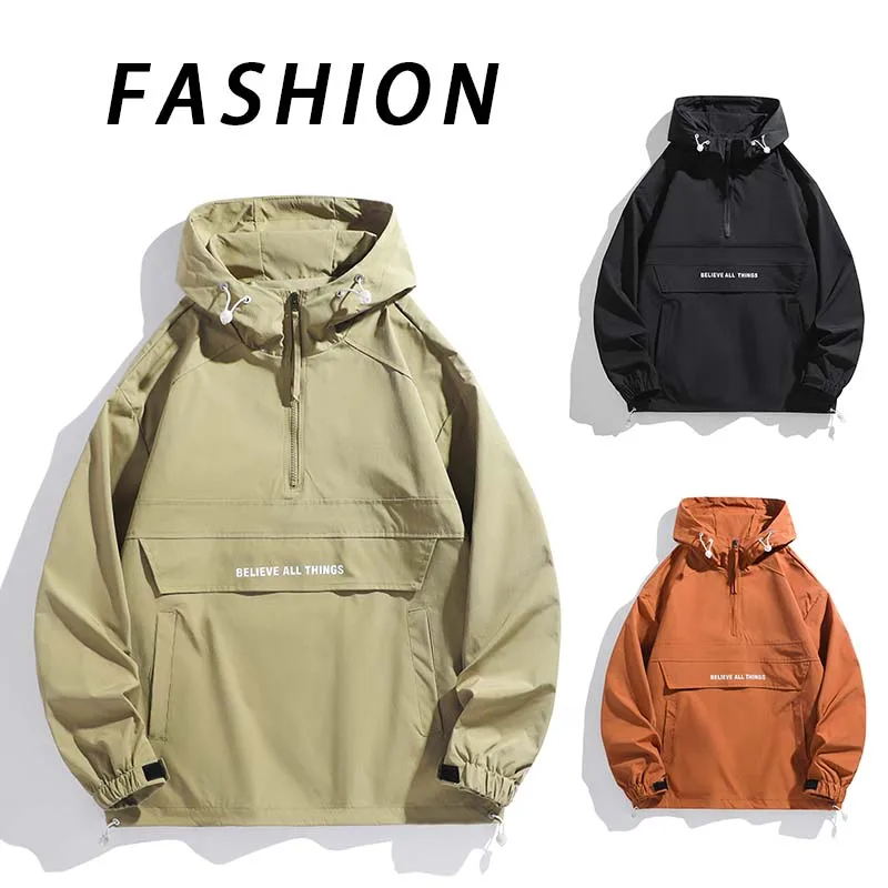 New Men Spring Autumn Waterproof Casual Versatile Top Japanese Korean Streetwear Fashion Loose Pullover Half Zip Hooded Jacket