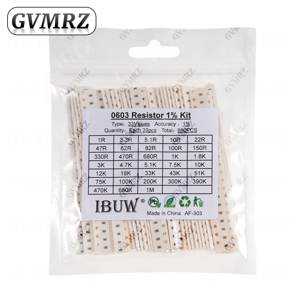0201 0402 0603 0805 1206 1% 5% SMD-Widerstand Sortiment-Set 1R-1M 10K 100K 1K 100R Widerstandssatz DIY 1R00 0R82 0R47 0R33