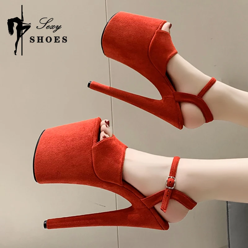 2024 New Summer Women 20cm High Heels 10cm Platform Suede Black Sandals Lady Stiletto Heels Strappy Sandles Catwalk Fetish Shoes