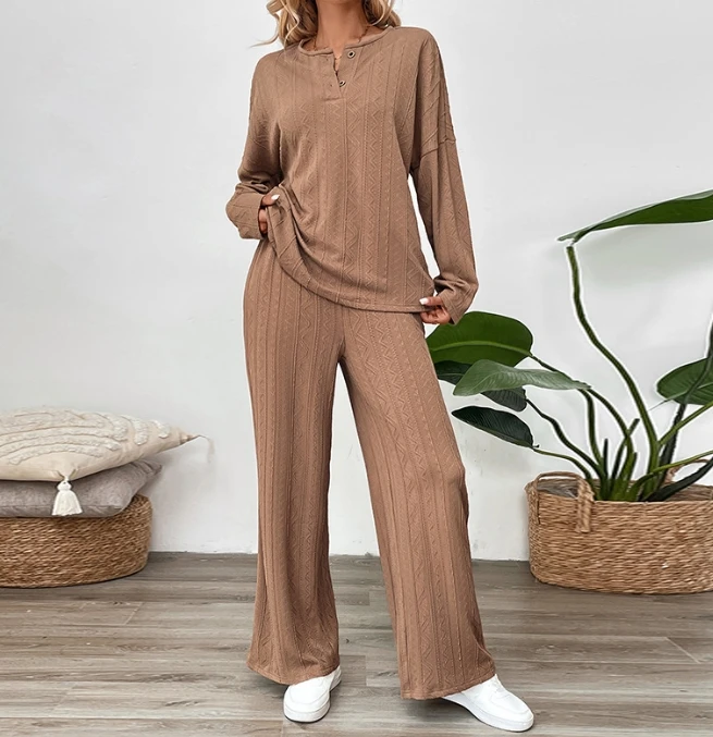 

Soft Women's Two-Piece Outfits Home Pajama Set Solid Texture O-Neck Long Sleeve Tee Tops Casual High Waist Wide Leg Pants Set