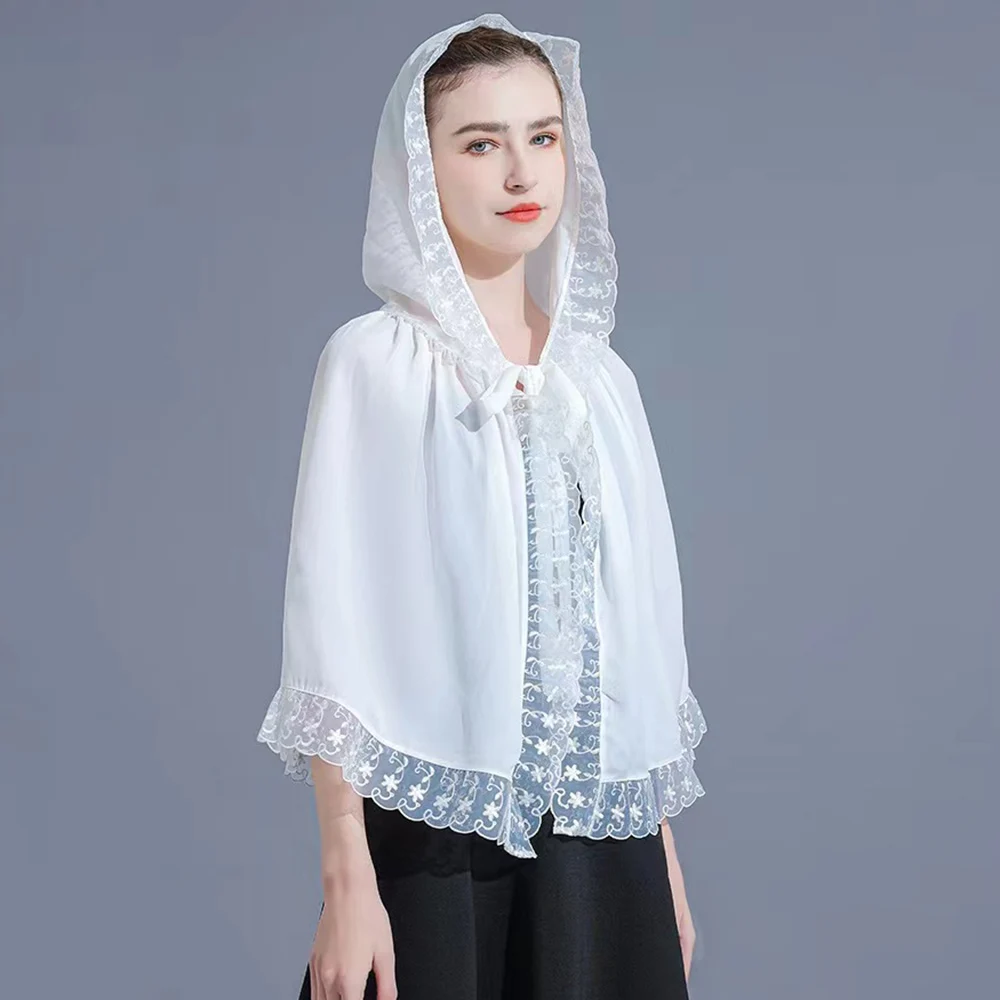 New Woman Lace Trim Sheer Shawl For Wedding Church Summer Travel Body Cool Breathable Shawl With Hoodie Scarf Poncho