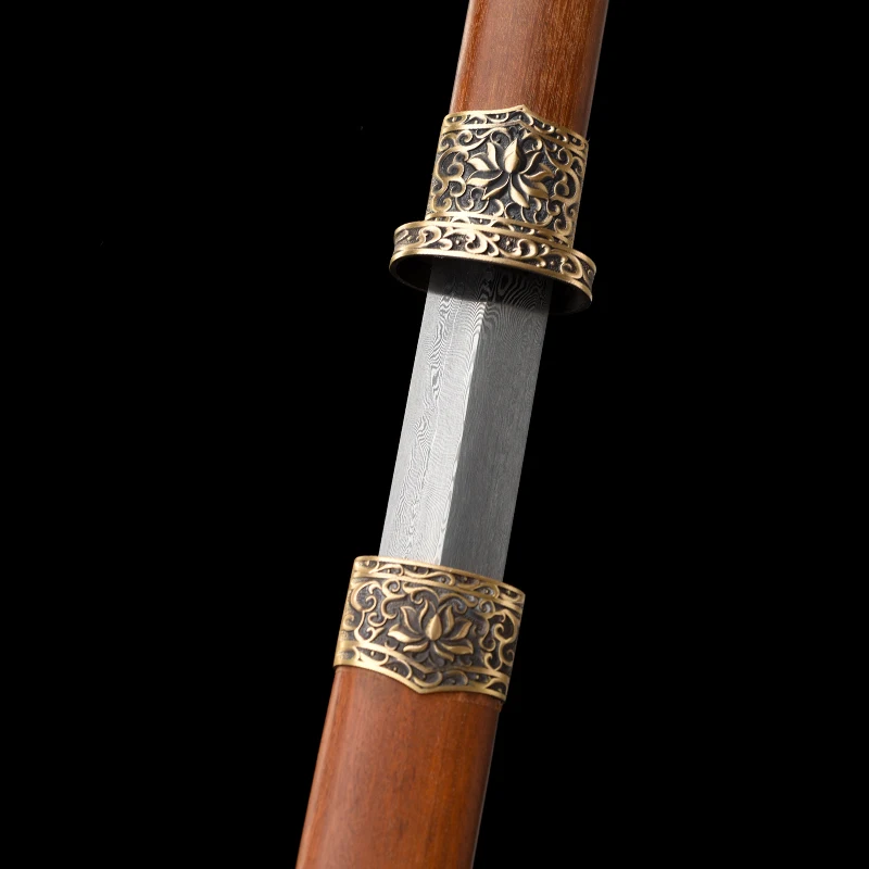 Handmade Lotus Tang Jian, Folded Steel Blade, Engraved Copper Fittings, Rosewood Scabbard, Chinese Martial Art Straight Sword