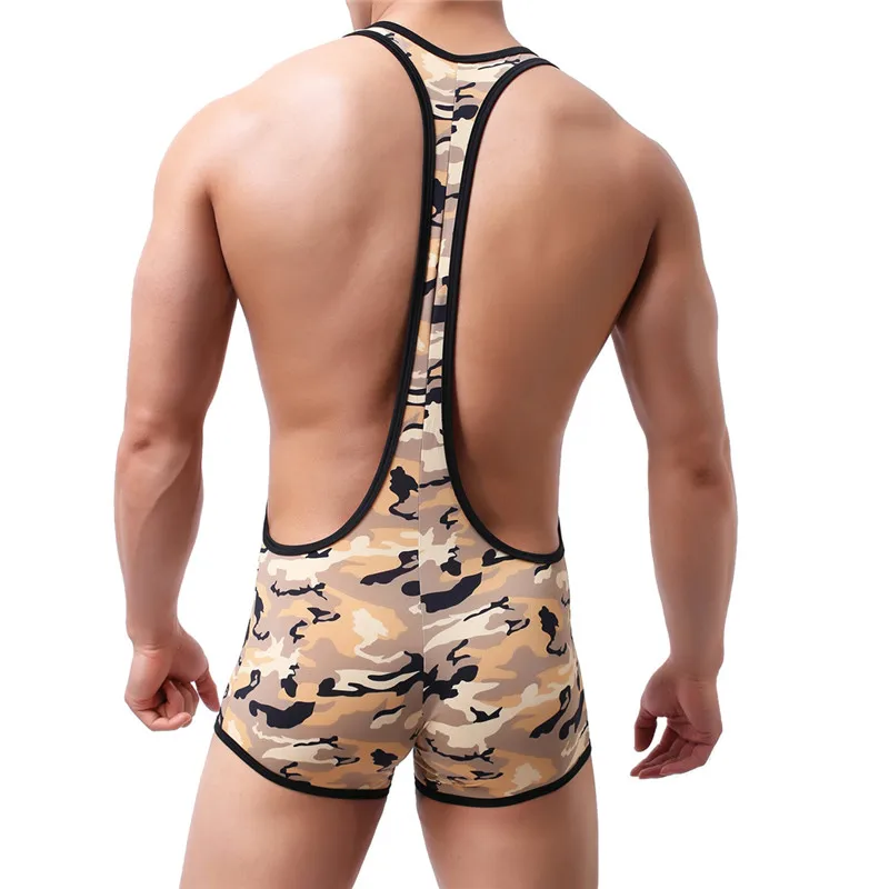 Sexy Mens Undershirts Jockstrap Bodysuits Camo Jumpsuits Wrestling Singlet One-Piece Leotard Overalls Sexy Gay Teddies Underwear