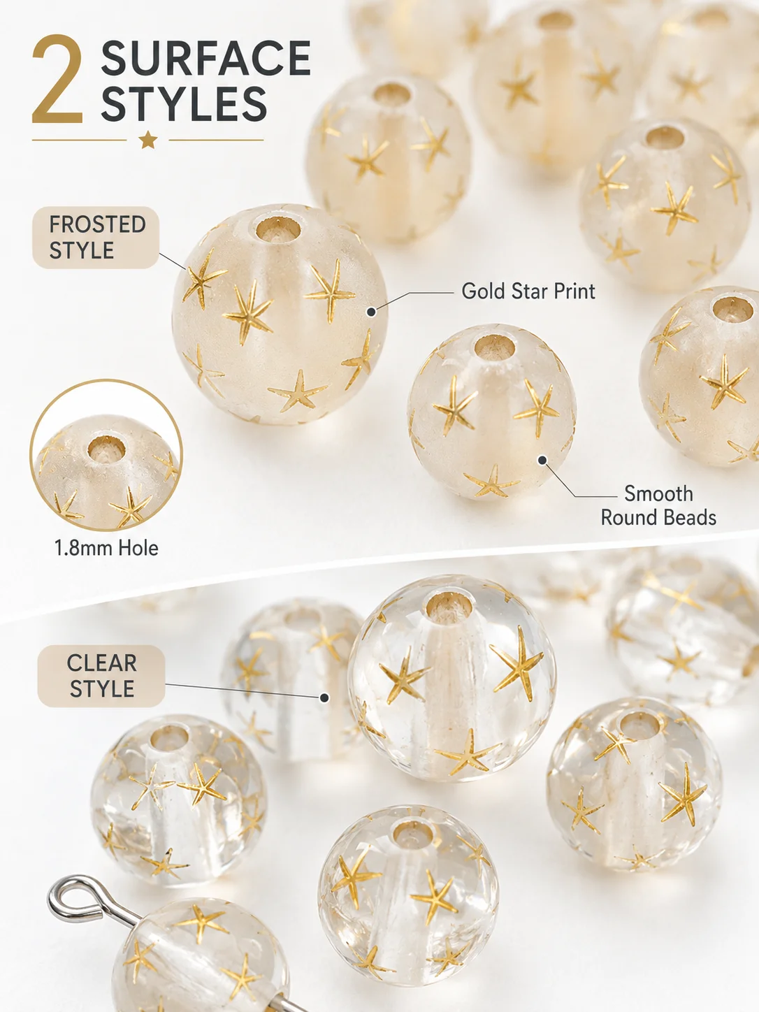 15Pcs 8mm Clear Frosted Star Beads Acrylic Spacer Beads 1.8mm Hole 2 Styles for DIY Jewelry Craft Findings