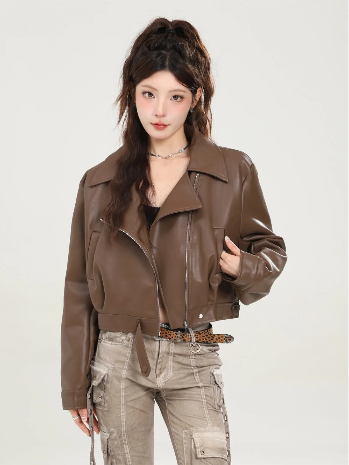 American Sle ort PU Leather Jaet Women's Autumn Winter Flip Collar Coat Small Size Faionable Biker Top for Youths
