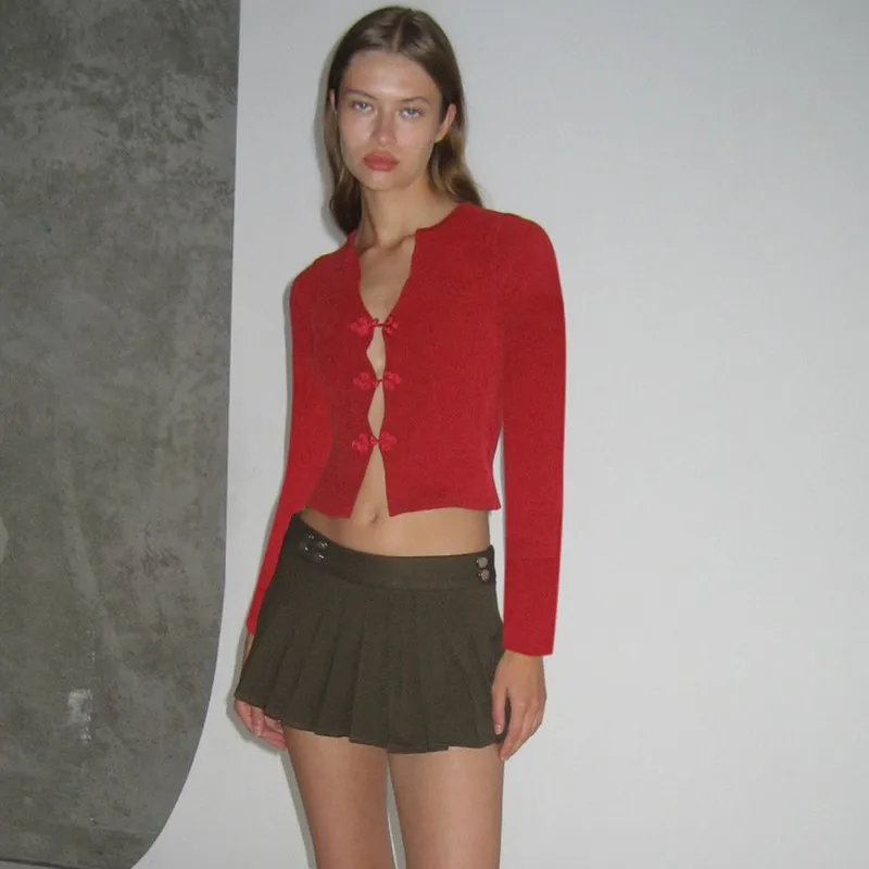 WhereMery Sexy V-neck Hollow Top Chinese Knot Long Sleeve Knitted Summer Slim Fit Waist T-shirt Top Party Nightclub 2024 Women