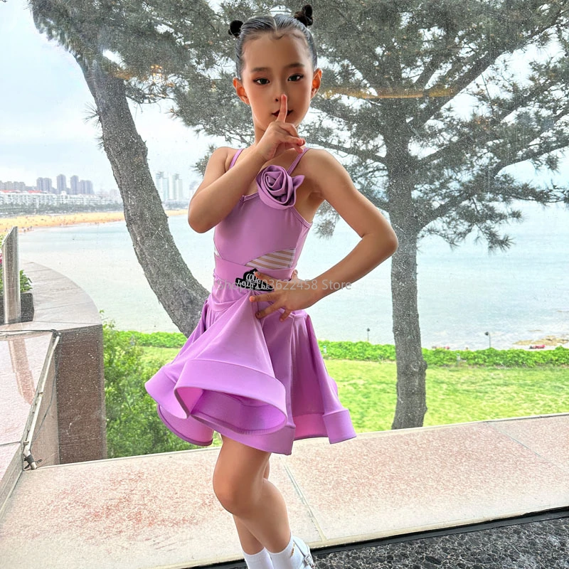 Purple Samba Latin Dance Costume Girls Latin Dance Clothes Kids Competition Rumba Salsa Dance Dress Child Ballroom Tango Dresses