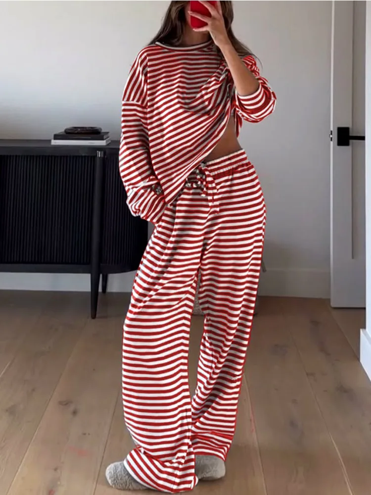 New Fashion Comfortable Women Pajamas Set Casual Autumn Loose Striped Long-sleeved Pants Round Neck Loungewear 2 Piece Suit