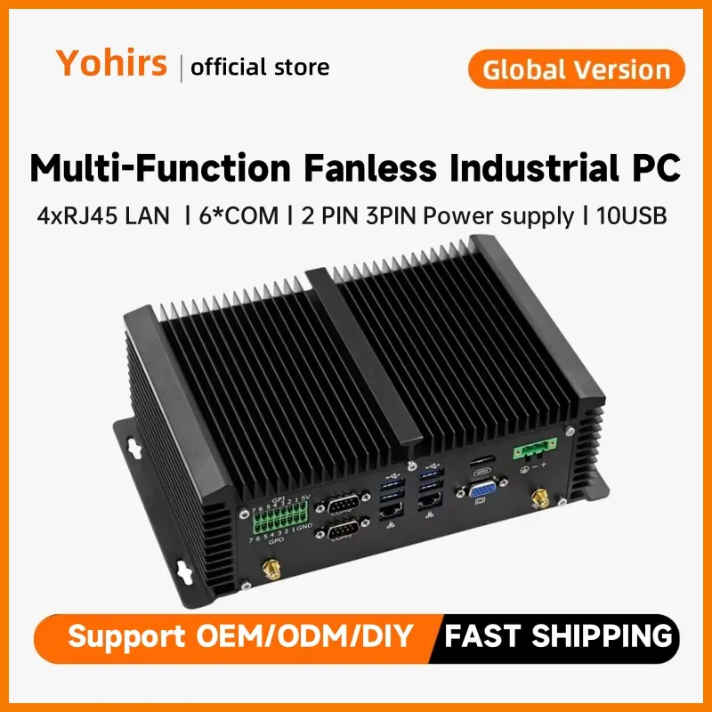 Fanless โลหะมินิคอมพิวเตอร์ I5 8260U I7 8565U 64GB DDR4 10USB 4Lan HD VGA 4K อุตสาหกรรม Mini PC 2PIN 3PIN แหล่งจ่ายไฟ 4G WIFI