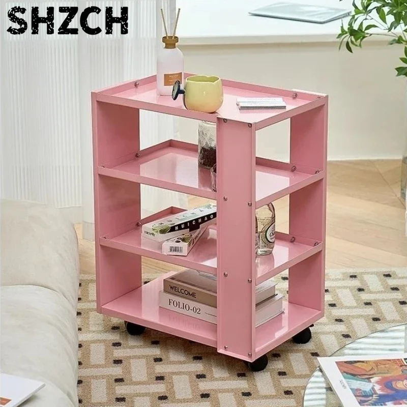 Pink Multilayered Side Cabinet Living Room Mobile Iron Storage Rack Multifunctional Sweet Table Versatile Scene Room Desk