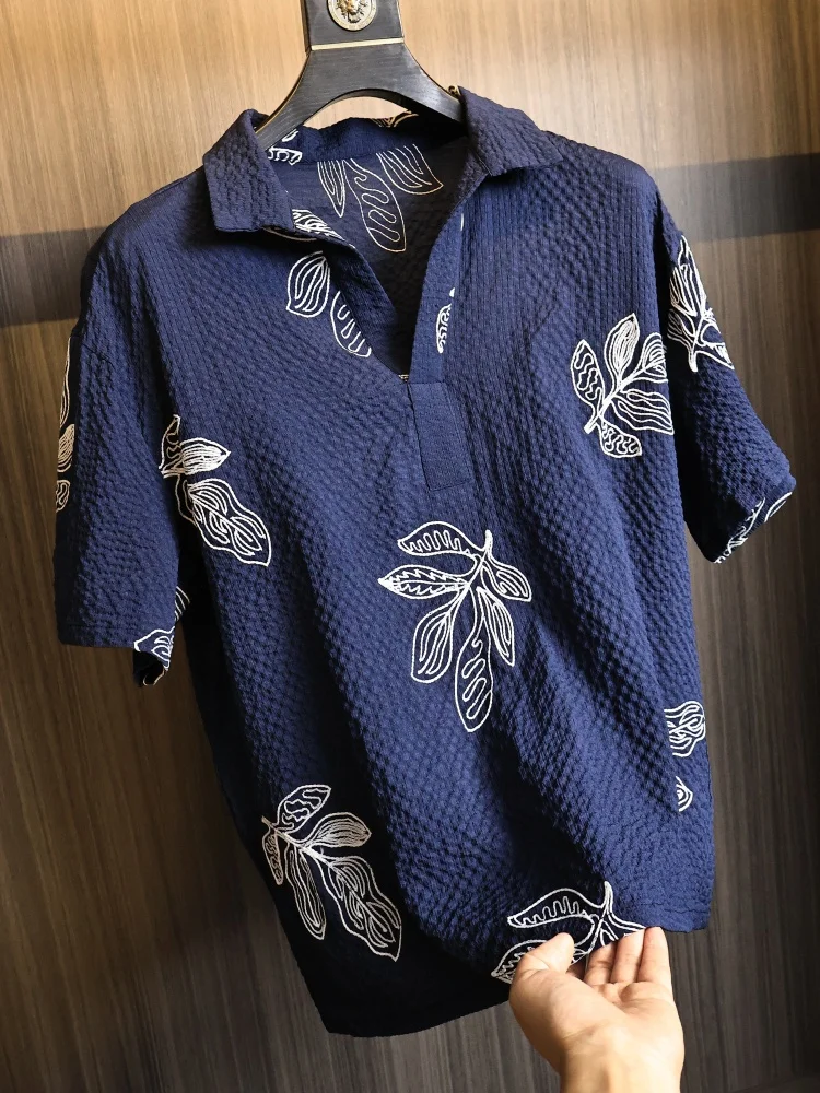 High-End Bubble-Sheet Texture Men's Floral Cool-Feel Anti-Wrinkle Short-Sleeve Shirt Stand Collar Fashionable Summer Casual Wear