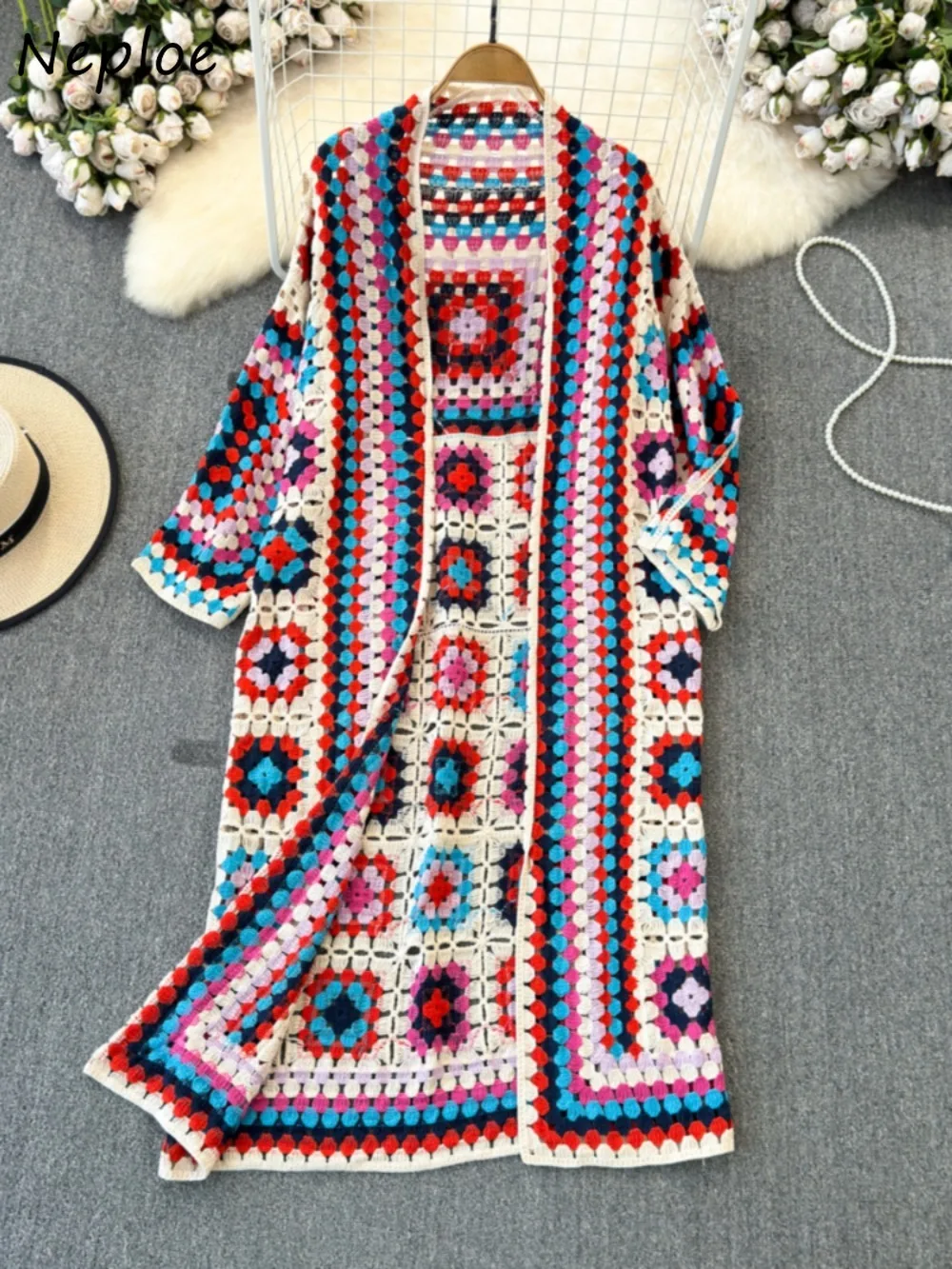 Neploe Elegant Loose Mid-length Simple Cardigan Mujer Hollow Out Vintage Knit Femme Robe Shawl Ethnic Style Korea Plaid Dress