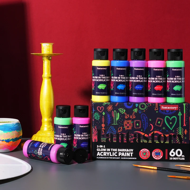 

Fantastory Fluorescent Glow in the Dark Paint,60ml /2oz,Neon Colors Glow Acrylic Paints; Waterproof Blacklight Paint for Outdoor