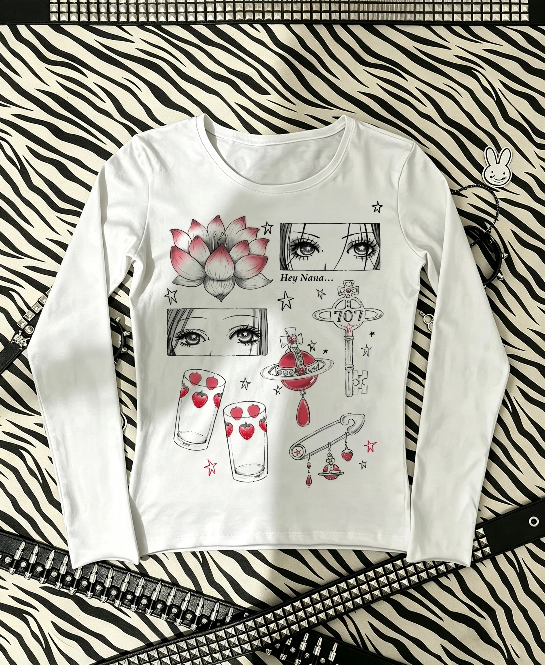 Women White Long Sleeve Top Vintage Anime Girl Print 