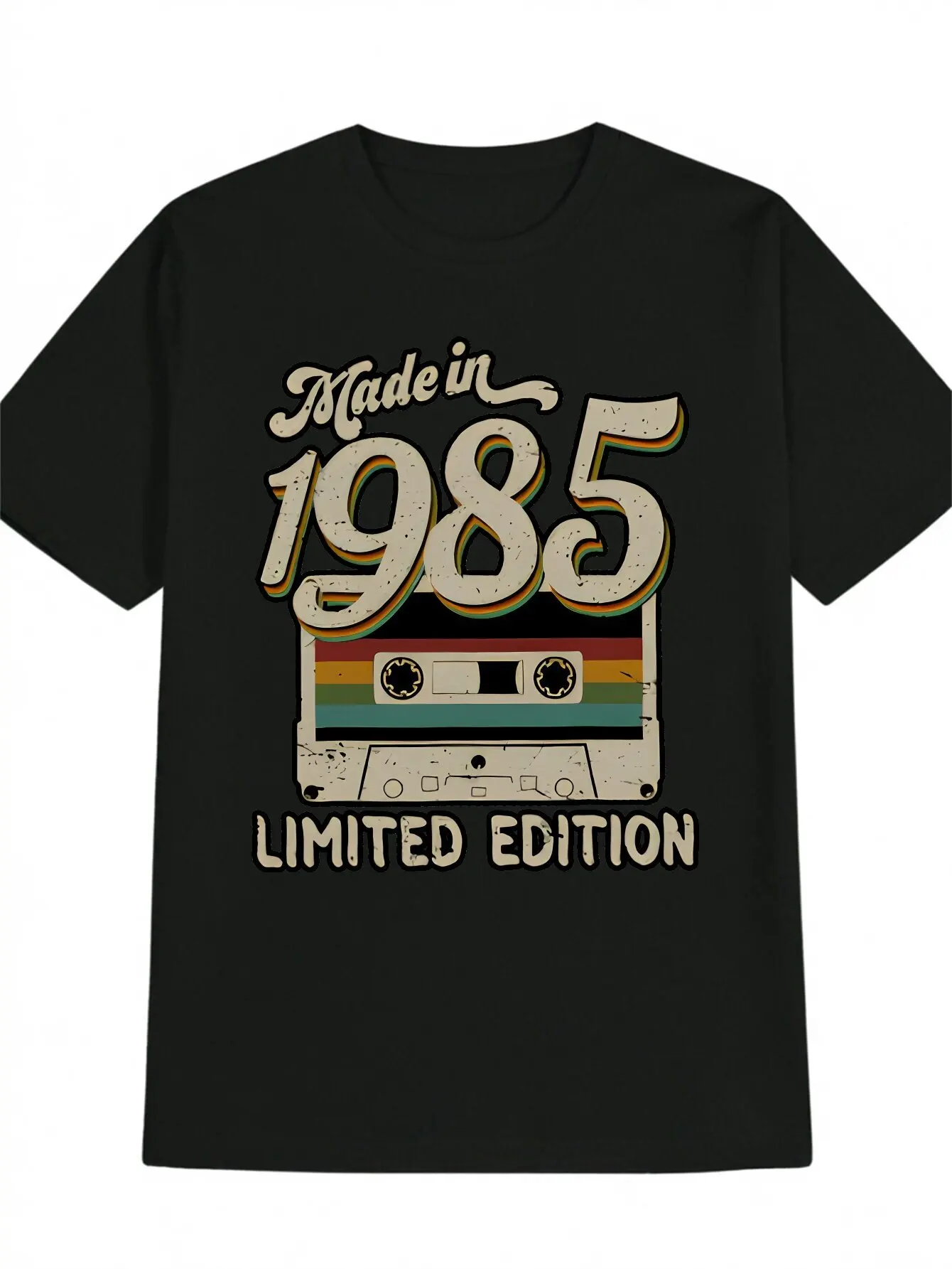 Vintage Men's Black Graphic T-Shirt Made in 1985 Limited Edition Retro Cassette Tape Bold Number Print 100% Cotton Heavyweight Short Sleeve Casual Streetwear Tee