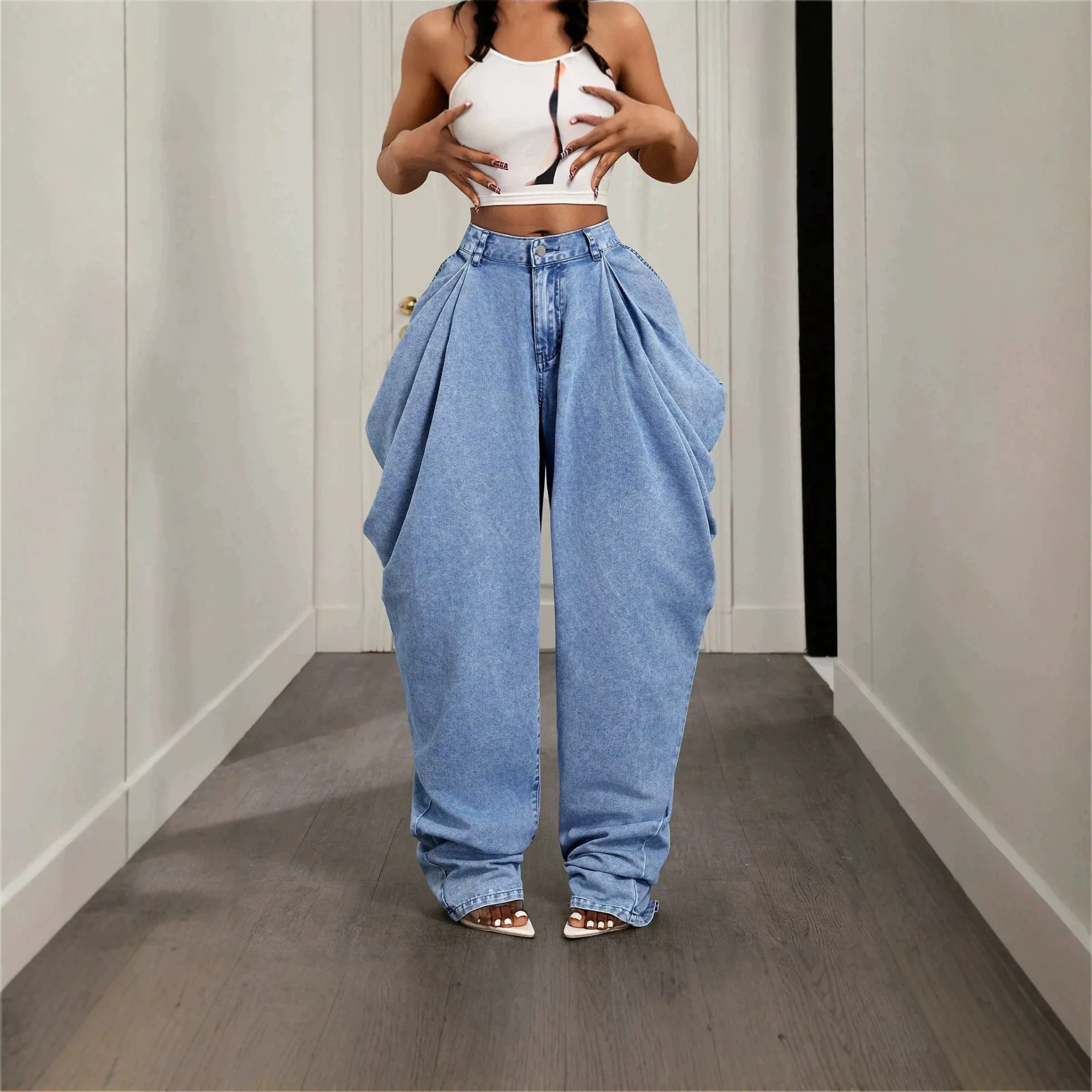 Women High Waist Pleated Wide Leg Jeans Unique Draped Side Design Baggy Loose Denim Trousers Button Zip Fly Casual Long Pants