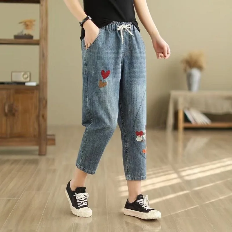 

hoodies Women's Summer Lightweight High Waist Loose Mickey Embroidered Cropped Jeans Vintage Plus Size Slimming Harem Capri Pan