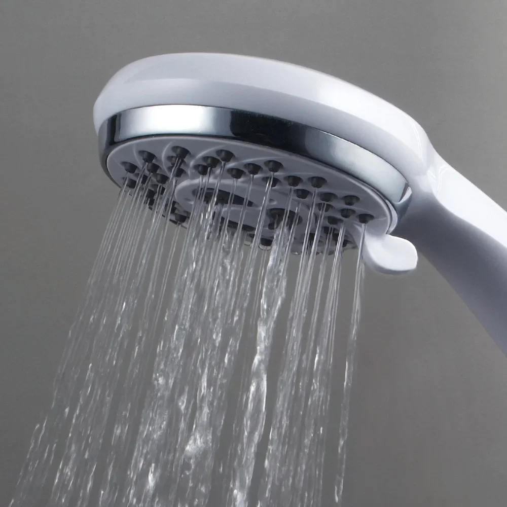 

4-Setting Hand Shower with Chrome Accents High Power Dial Easy Clean Jets Overhead or Handheld Tool Free Installation Model 8002