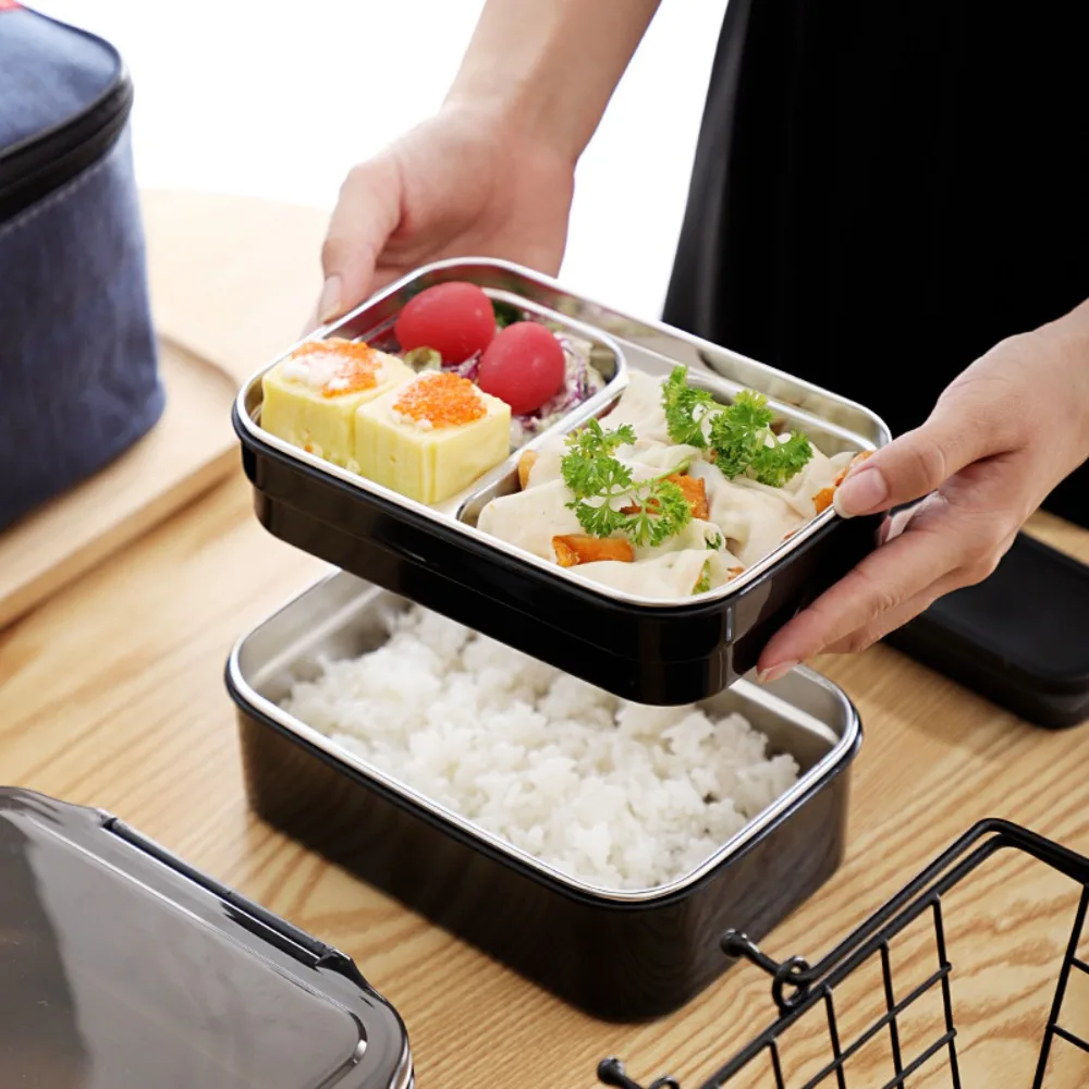 

304 Stainless Steel Double Layer Thermal Lunch Box Rectangular Microwaveable Food Storage Box Leak-Proof Food Container School