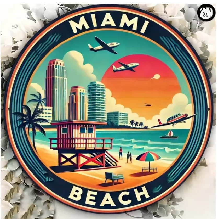 2D Flat Miami Beach Retro Round Plaque Tropical Palm Tree Home Wall Decor