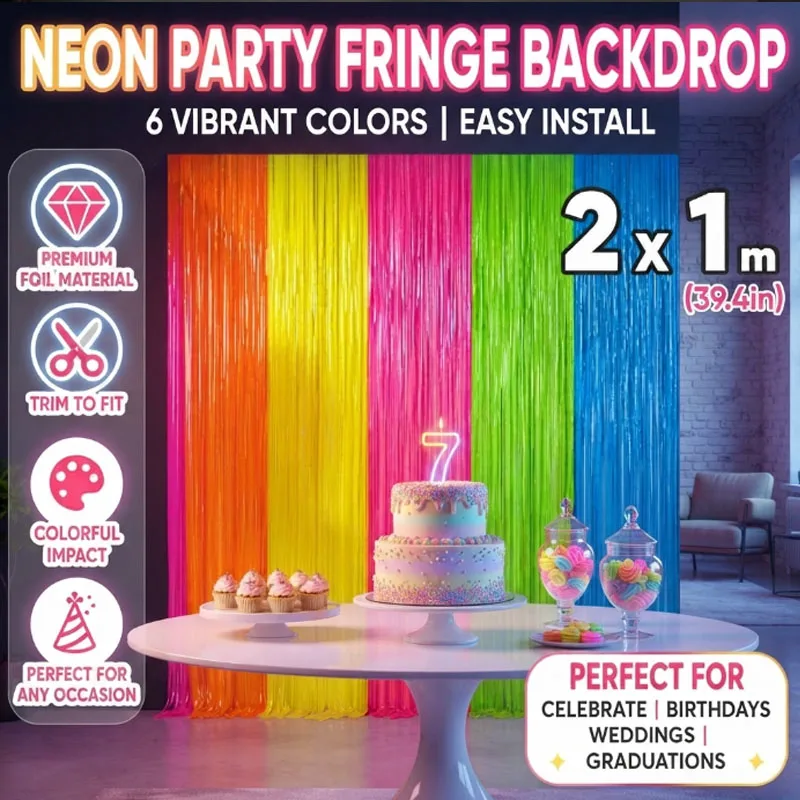 6 Color Fluorescent Neon Rain Streamer Curtain Tinsel Fringe Hanging Decoration for Birthday Wedding Party Event Backdrop