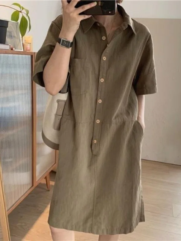 Cotton and linen short sleeved shirt women's shirt dress medium length 2024 summer new minimalist straight tube dress CW94