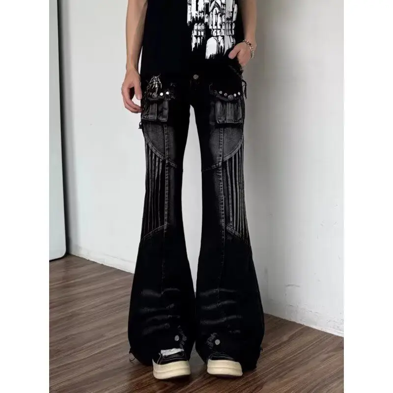 Men's 90s Y2k Punk Trumpet Jeans Black Pants Wide Legs Sweatpants Street Boys Bottom Male High Waist Unisex Trousers