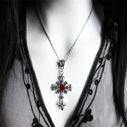 Vintage Ruby Cross Necklace Gothic Dark Statement Fashion Pendant Necklace