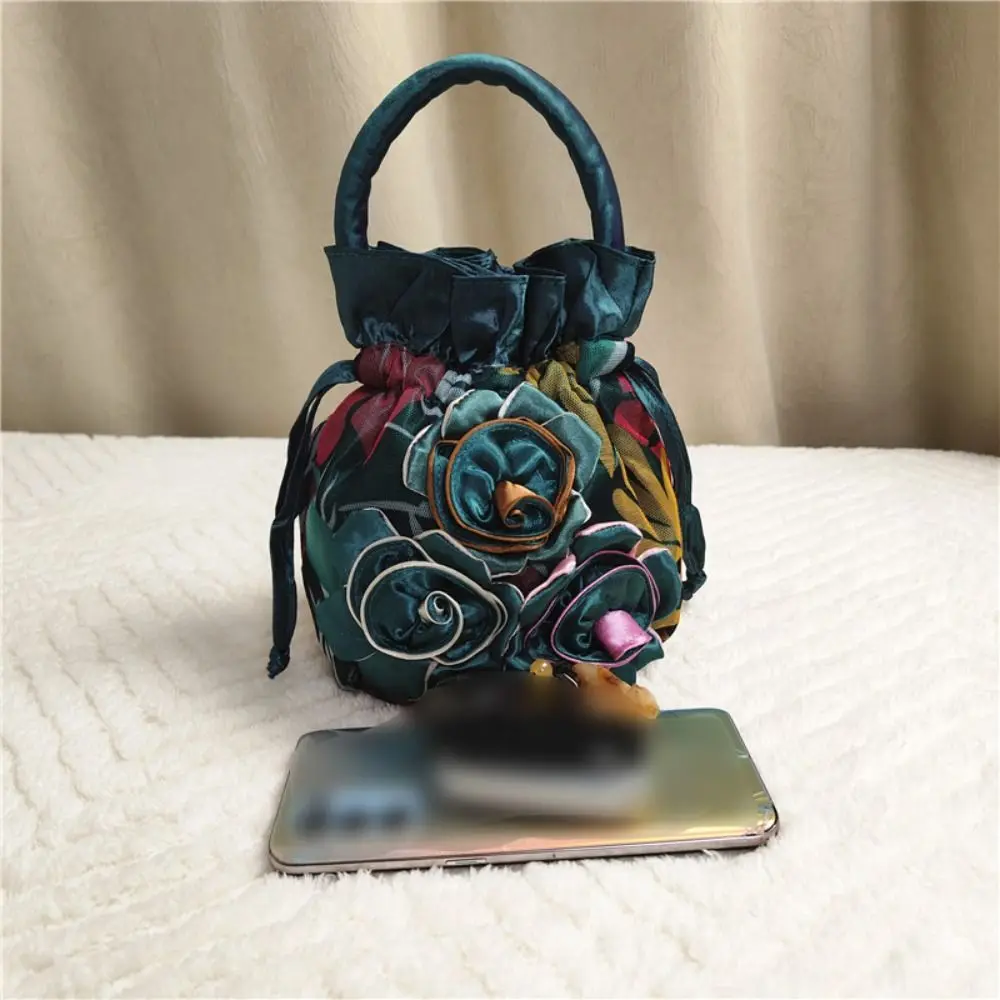 Shopping Bag Satin Silk Drawstring Bucket Bag Ethnic Style Multi Color Rose Flower Handbag Cosmetic Bag Retro Hanfu Bag Mom