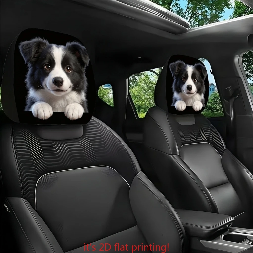 2pcs Cute Border Collie Print Car Headrest Covers | Easy to Install & Wash, Funny Design, All-season | for Travel, Daily Commu