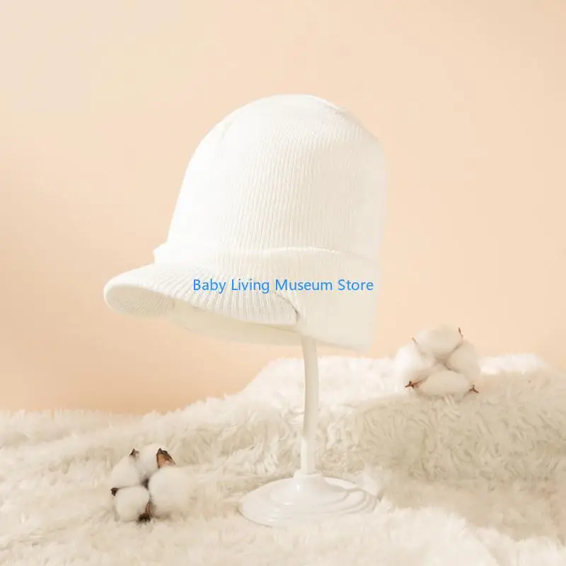 

P31C Autumn Winter Solid Color Baby Knitted Hat Ear for Protection Windproof Baseball Warm Soft Casual Sunhat Crimping Hat
