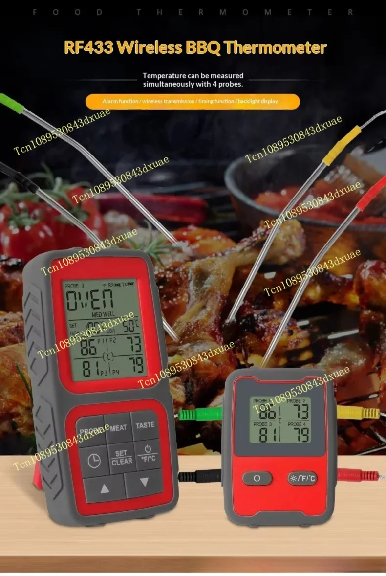 New Wireless 4-Probe BBQ Thermometer 4-Channel Backlit Display for Kitchen Meat Cooking Grilling Precision Food Temperature