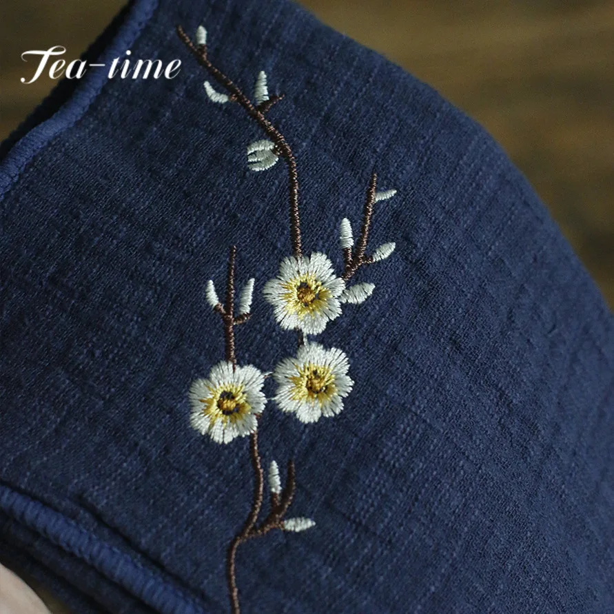 Japanese Embroidered Cotton Linen Tea Towel Boutique Heat Insulated Pad Tea Napkin Water Absorption Tea Cloth Tea Ceremony Craft