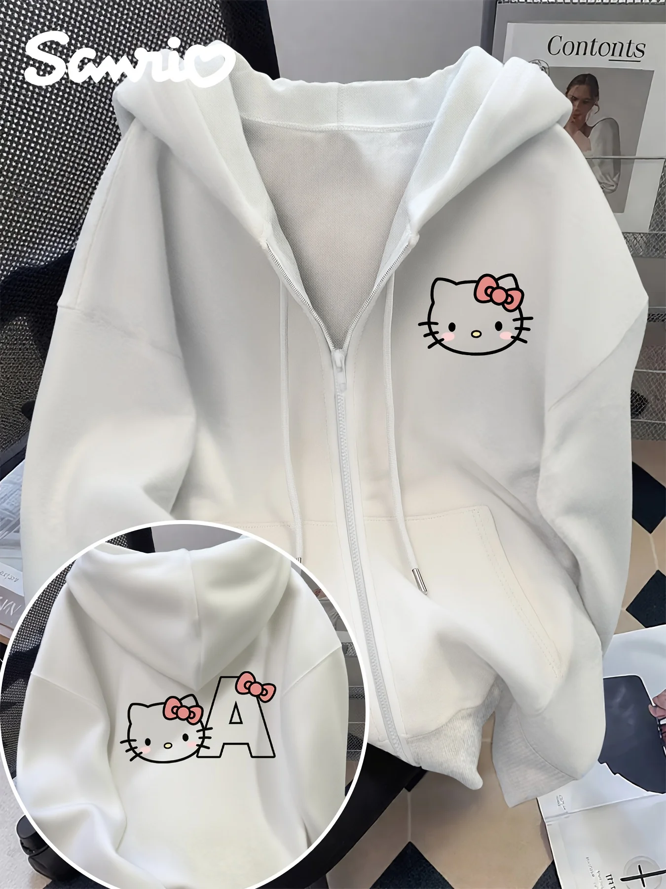 Felpa con cappuccio Hello Kitty da donna, simpatico fiocco rosa e stampa viso Hello Kitty sul retro, morbido pullover con cappuccio