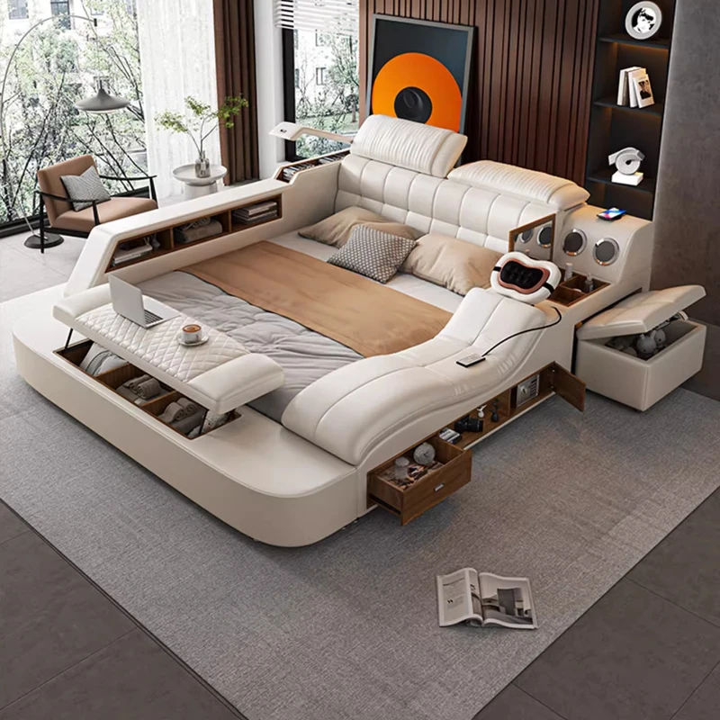 

Princess Multi Functional Bed Comforter Beige King Size Queen Double Bed Smart Storage Bedframe Camas De Dormitorio Furniture